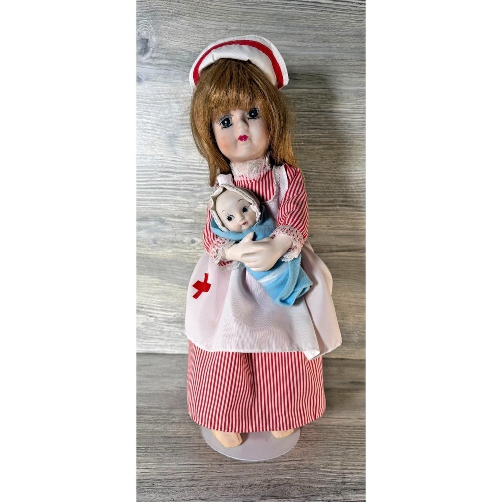 Vtg 1981 Albert E Price 16" Porcelain Doll Nurse Outfit Holding Baby Doll Stand